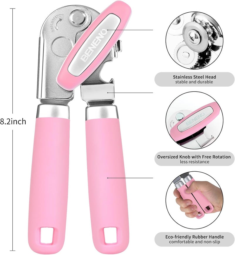 Beneno Heavy Duty Hand Can Opener Manual with Magnet, Durable Sharp Carbon Steel Blade Smooth Cutting, Big Effort-Saving Knob & Soft Grip Handle, Multifunctional Kitchen Tool with Bottle Opener, Pink - Image 2